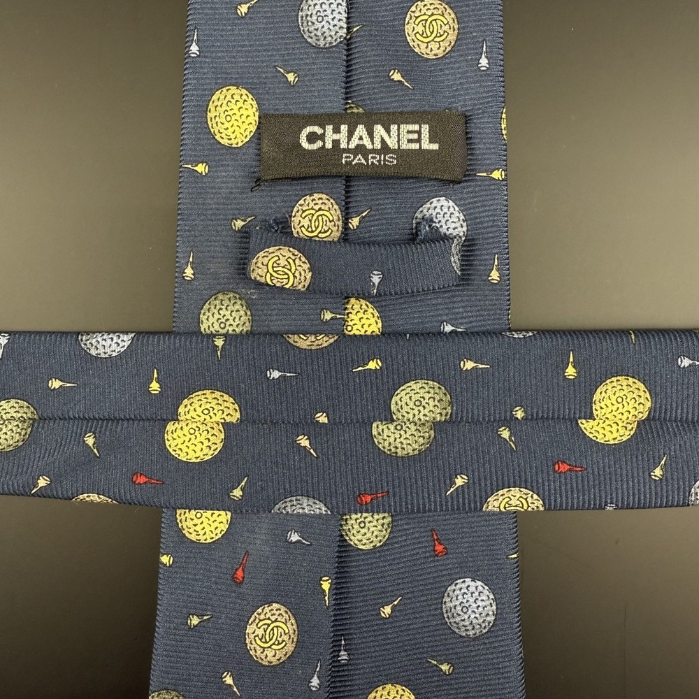 Chanel Silk Tie Blue Golf Ball Tee Pattern CC Logo France Authentic Luxury - Picture 3 of 12